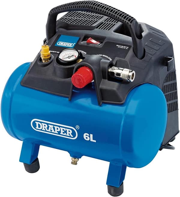 Draper 6L Oil-Free Air Compressor 116psi Max Pressure | 1.2kW 1.5hp 4000rpm Motor | 185l/min Max Capacity | Quick Euro Coupling Outlet | 1.7m Cable | Pressure Switch | Air Outlet Gauge | 02115