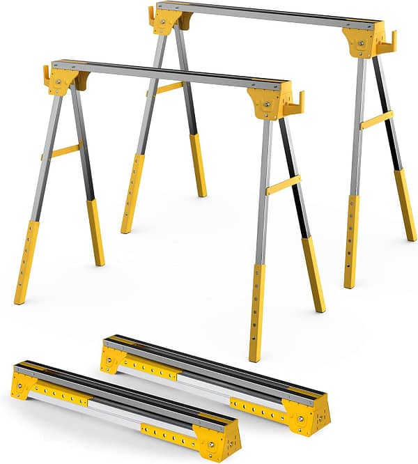 Adjustable Height Sawhorse 2 Pack, Folding Portable Saw Horses with 30-34 inch Adjustable Legs, Heavy Duty Steel Pro Bench Saw Horse for Woodworking, Carpenters, Contractors, Fully Assembled (yellow)