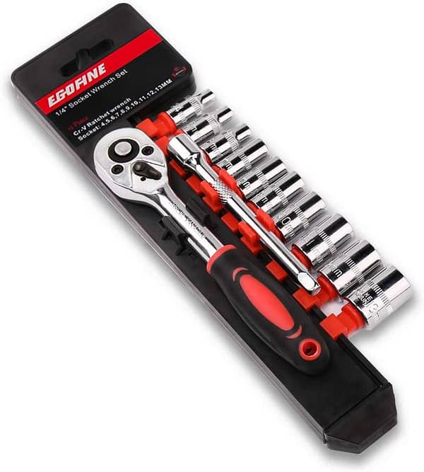 EGOFINE 12pcs 1/4 Inch Ratchet Socket Wrench Set, Drive Socket Set with 10 Sockets 4-13mm and 2 Way Quick Released Ratchet Handle and Extension Bar