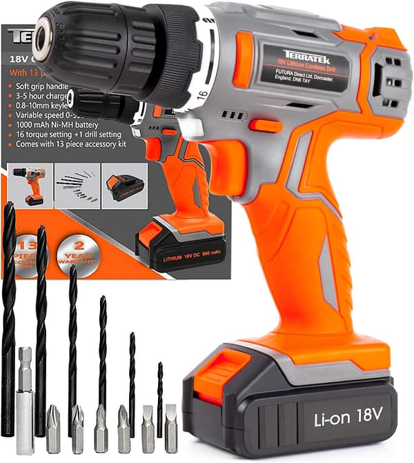 Terratek Cordless Drill Driver 18V Lithium-Ion, 13Pc Electric Screwdriver Set, LED Work Light, Electric Drill Quick Change Power Drill Battery and Charger Included