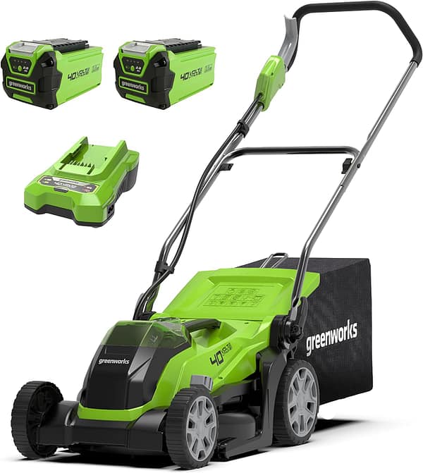 Greenworks 40V Cordless Lawnmower for Lawns up to 400m², 35cm Cutting Width, 40L Bag PLUS Two 40V 2Ah Batteries & One Charger, 3 Year Guarantee-G40LM35K2X, Green