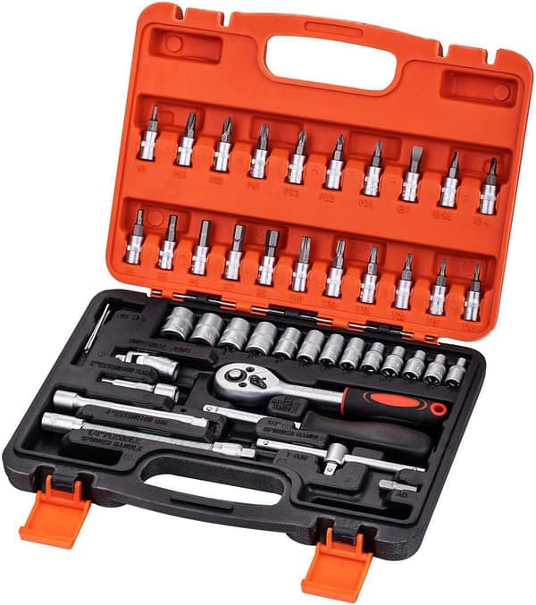 KATSU 46PCs 1/4 Inch Socket Set 4-14mm Metric with 24-Teeth Quick-Released Ratchet Wrench, Extension Bars and Hex Torx Bits, Chrome Vanadium Steel, Auto Mechanical Tool