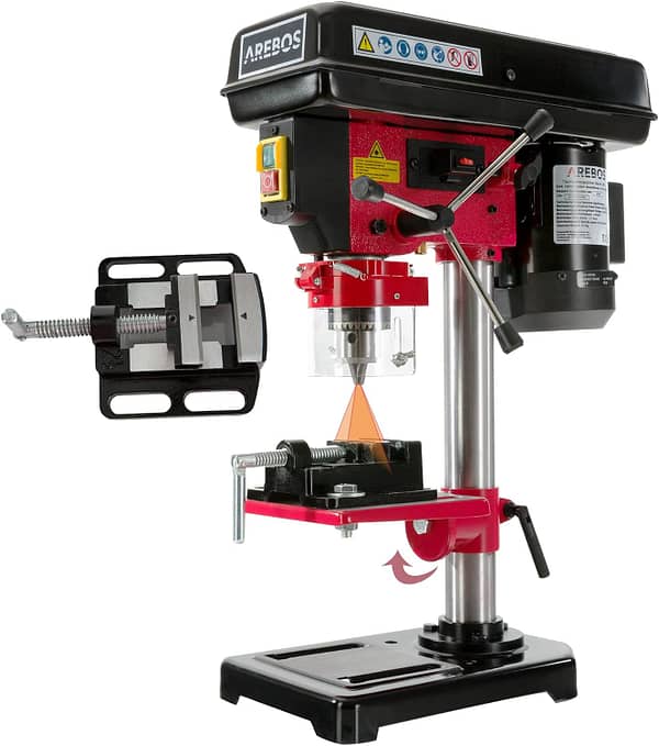 Arebos Bench Drill | Column Drill | with Integrated Position Laser | 500 W | includes 13 mm Sprocket Drill Chuck and Vice | 5 Speed Levels | 0-45 Degree Tilt Angle
