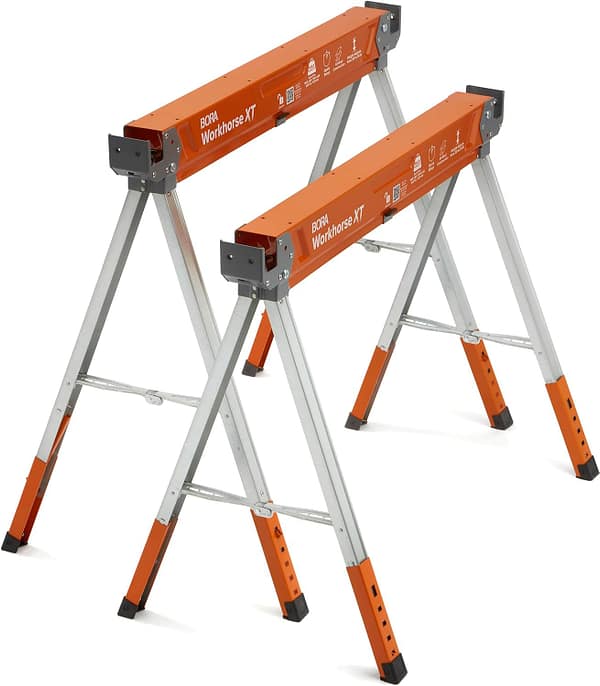 BORA Workhorse XT Saw Horses 2 Pack Folding Heavy Duty Adjustable Height Sawhorse Pair with Adjustable Legs, Heavy Duty Saw horse for Contractors Portable Workbench w/Built in Bottle opener PM-3360T