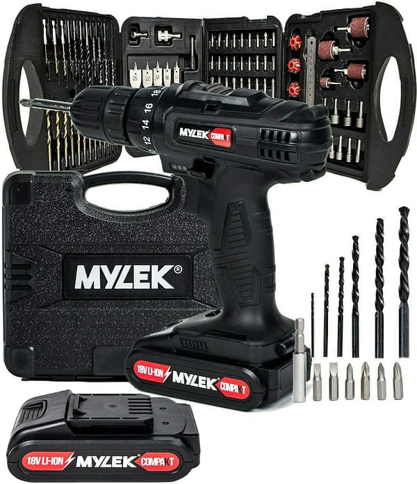 MYLEK 18V Cordless Drill Driver Electric (131 Piece Drill Set & 2 Batteries, Black)