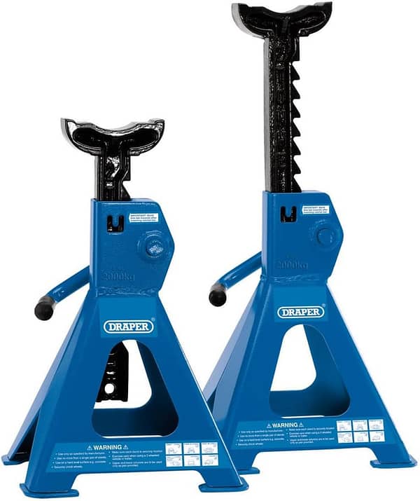 Draper 30878 Ratcheting Axle Stand, 2 Tonne Capacity, 36mm x 85mm Saddle, Pair