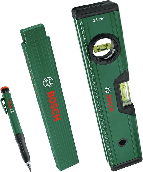 Bosch Marking Set (Precise Alignment and Marking with Spirit Level 25cm, Folding Ruler 2m and Deep Hole Marker Pencil)