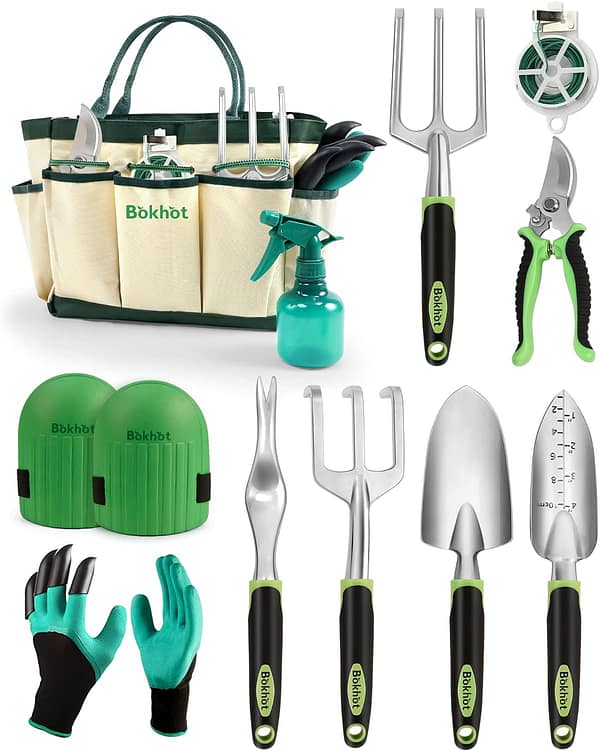 Bokhot Garden Tools Set Gardening Hand Tool Gift Kit with Heavy Duty Tool Bag for Easy Storage, Gardening Gifts for Outdoor Women & Men, Green (PG023)