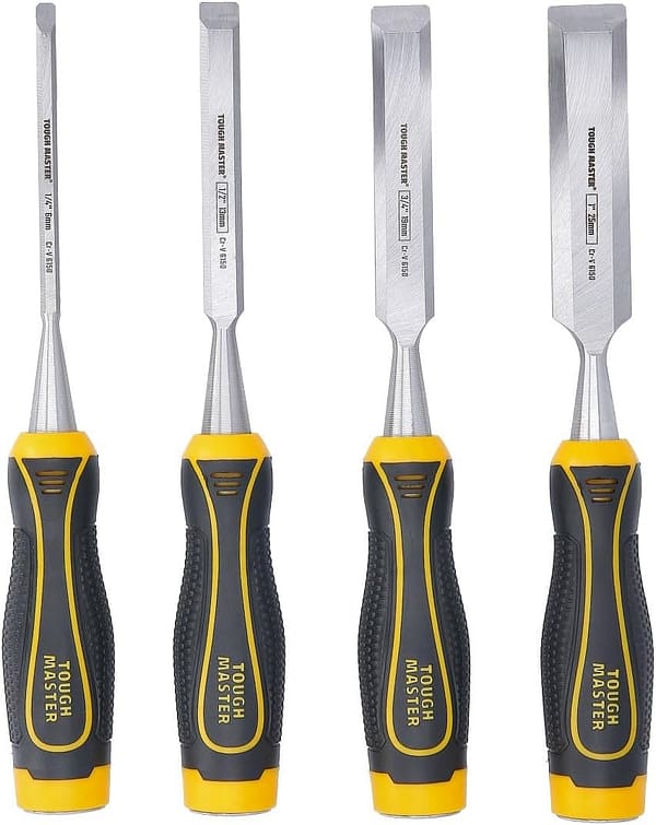 TOUGH MASTER Carving Chisel Set, 4 Piece Wood Carving Bevel Edge Chisel Tools, Carbon Steel, Strong Grip, ¼” 6mm, ½” 13mm, ¾” 19mm, 1” 25mm with Blade Tip Covers