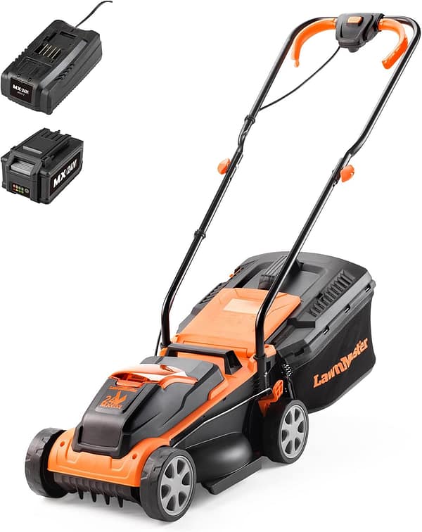 LawnMaster MX 24V 32cm Cordless Lawn Mower with 4.0Ah Battery and Fast Charger. With cut height adjust, rear roller and edging combs. For small lawns up to 150m2. Supplied with spare 32cm blade.