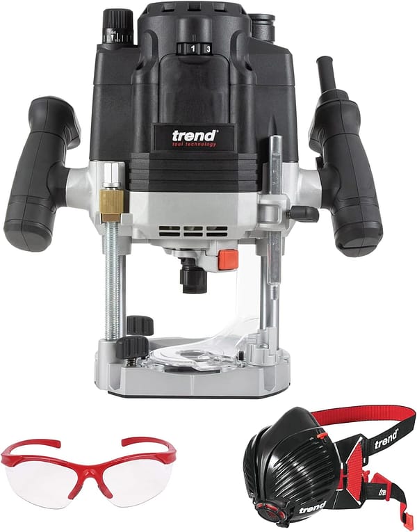 Trend T8 Workshop Router & Safety Set, T8EK Variable Speed Plunge Router (2200W, 1/2 Inch, 240V), Dust Mask & Safety Glasses, T8/Safe/Set