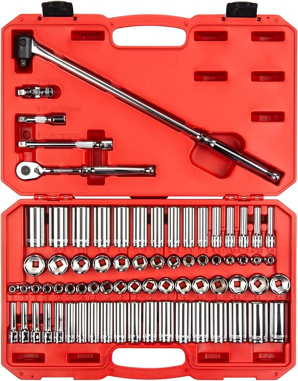 TEKTON 3/8 Inch Drive 6-Point Socket and Ratchet Set, 73-Piece (1/4-1 in., 6-24 mm) SKT15311
