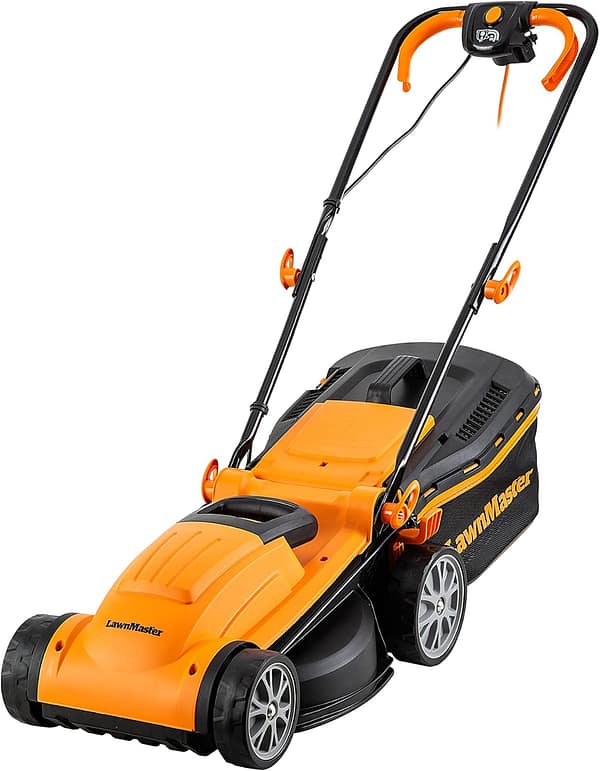 LawnMaster 1400W Electric Lawn Mower with 34cm cutting width, ideal for small to medium sized lawns. With 6 adjustable cutting heights and rear roller for striped finish, 2 year guarantee