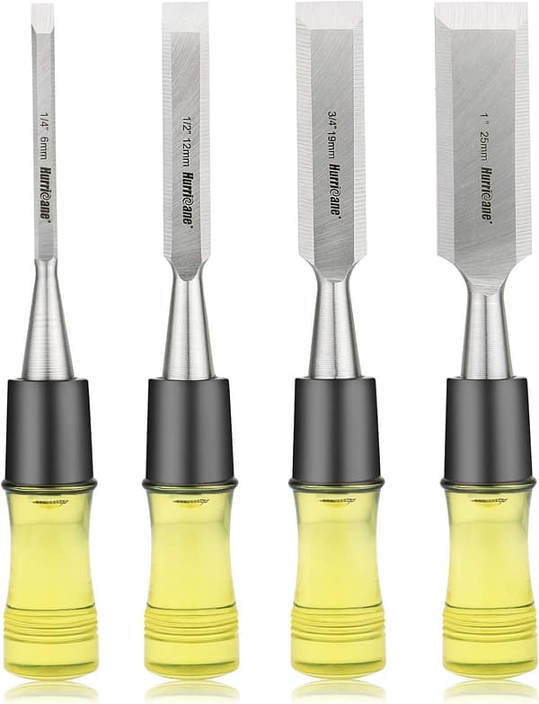 Hurricane 4pcs Wood Chisel Set for Woodworking,CR-V Steel Beveled Edge Sharp Blade with Caps,Durable PVC High Impact Handle,1/4,1/2, 3/4, 1,versatile size for beginner and pros,basic sturdy chisel set