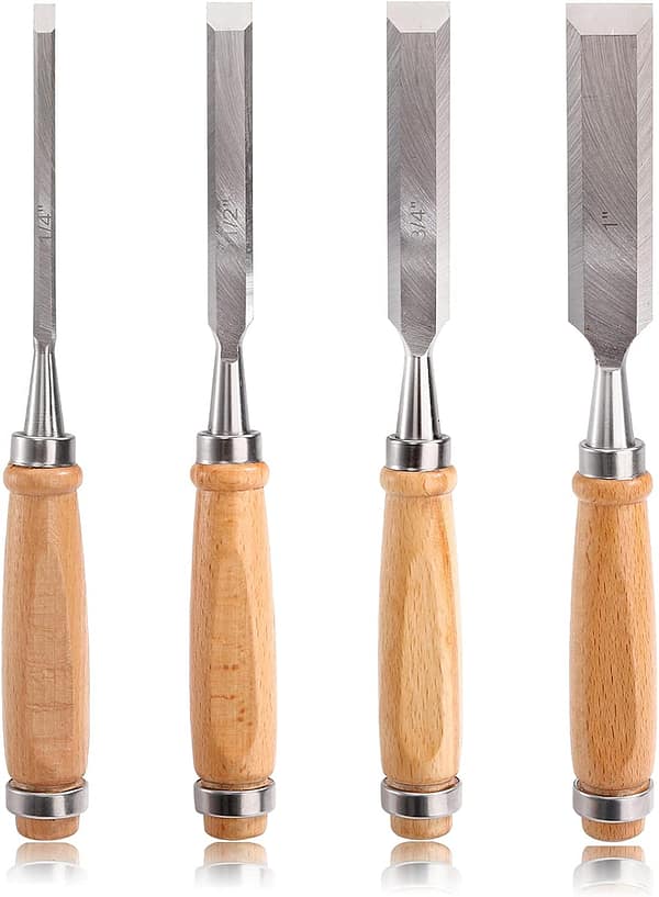 Dicunoy 4 PCS Wood Chisel, 4 Pieces Chisel Set 6mm, 12mm, 18mm, 24mm, Chizzle Tools Set with Beech Handles, Chrome Vanadium Steel Chisels for Woodworking, Carpentry, Woodworker (1/4", 1/2", 3/4",1")