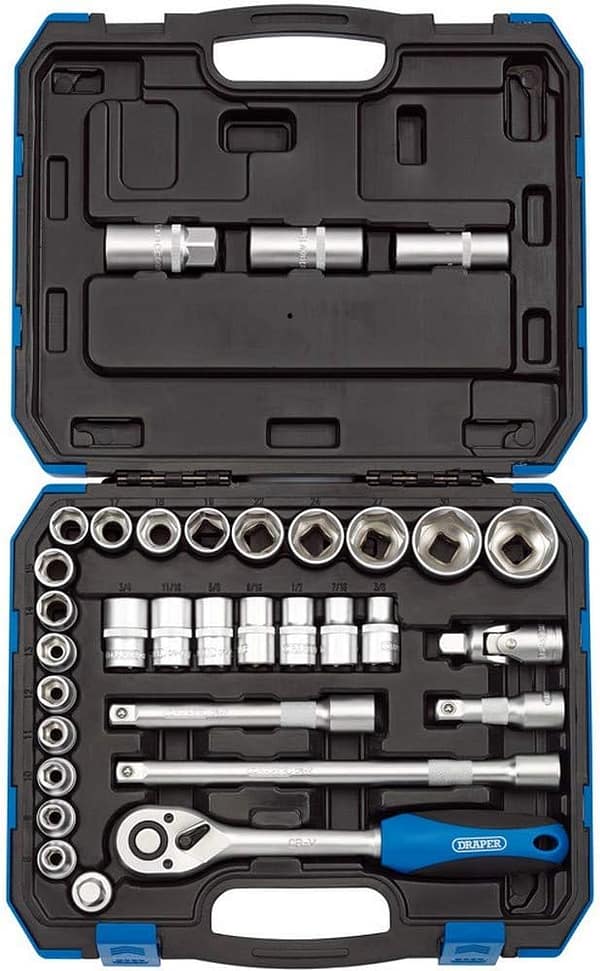 Draper 1/2" 33 Piece MM/AF Socket Set | Micrometre Reversible Hand Tool |Soft Grip Ratchet | 17 Metrics Sockets Mechanics Car Tools | 7 Imperial Sockets| 3 Spark Plug Sockets | 16363